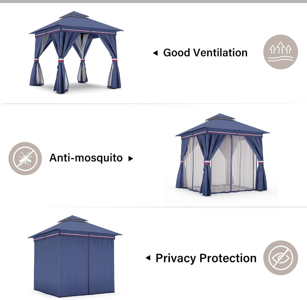 LAUSAINT HOME Gazebo 8x8ft, Heavy Duty Patio Gazebo with Expansion Bolts, Party Canopy Tent with Double Roofs, Mosquito Nettings and Privacy Screens for Backyard, Garden, Lawn, Classic Blue