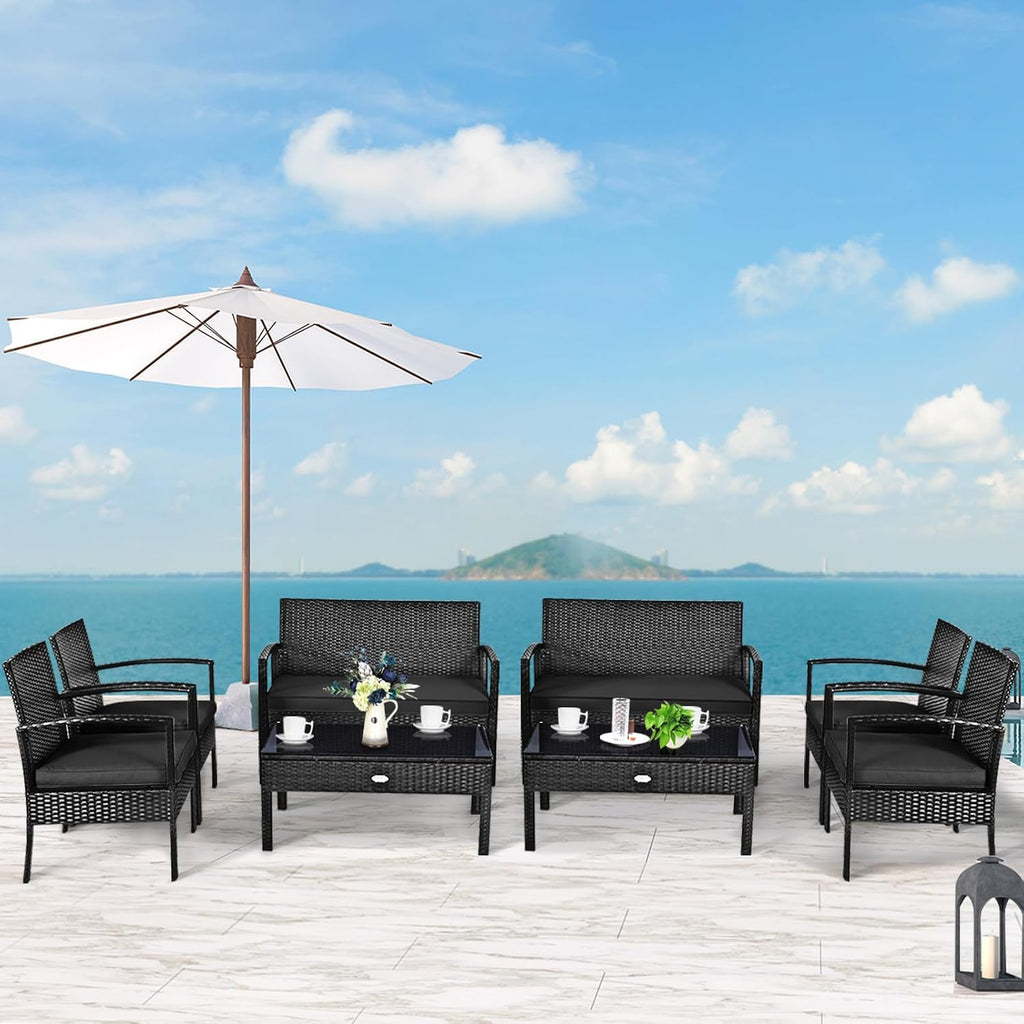 Tangkula 8 Pieces Wicker Patio Conversation Furniture Set, Outdoor Rattan Chair and Table Set, Patio Furniture Sets with Coffee Table & Washable Cushions for Courtyard Balcony Garden