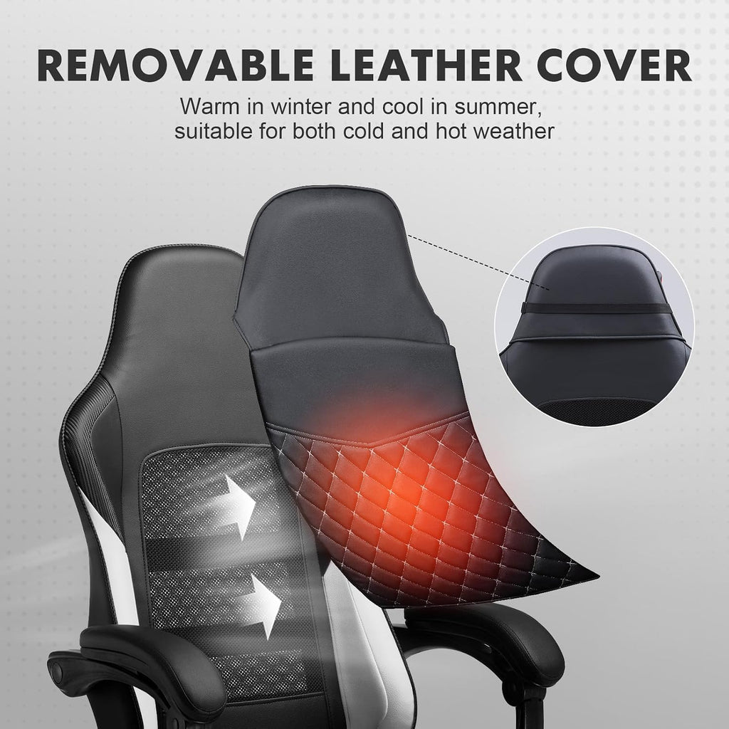 GTPLAYER Gaming Chair, High Back Leather Computer Gaming Chair with Footrest, Ergonomic Height Adjustable Office Chair with Removable Cover and Lumbar Support for Gaming and Work (White)