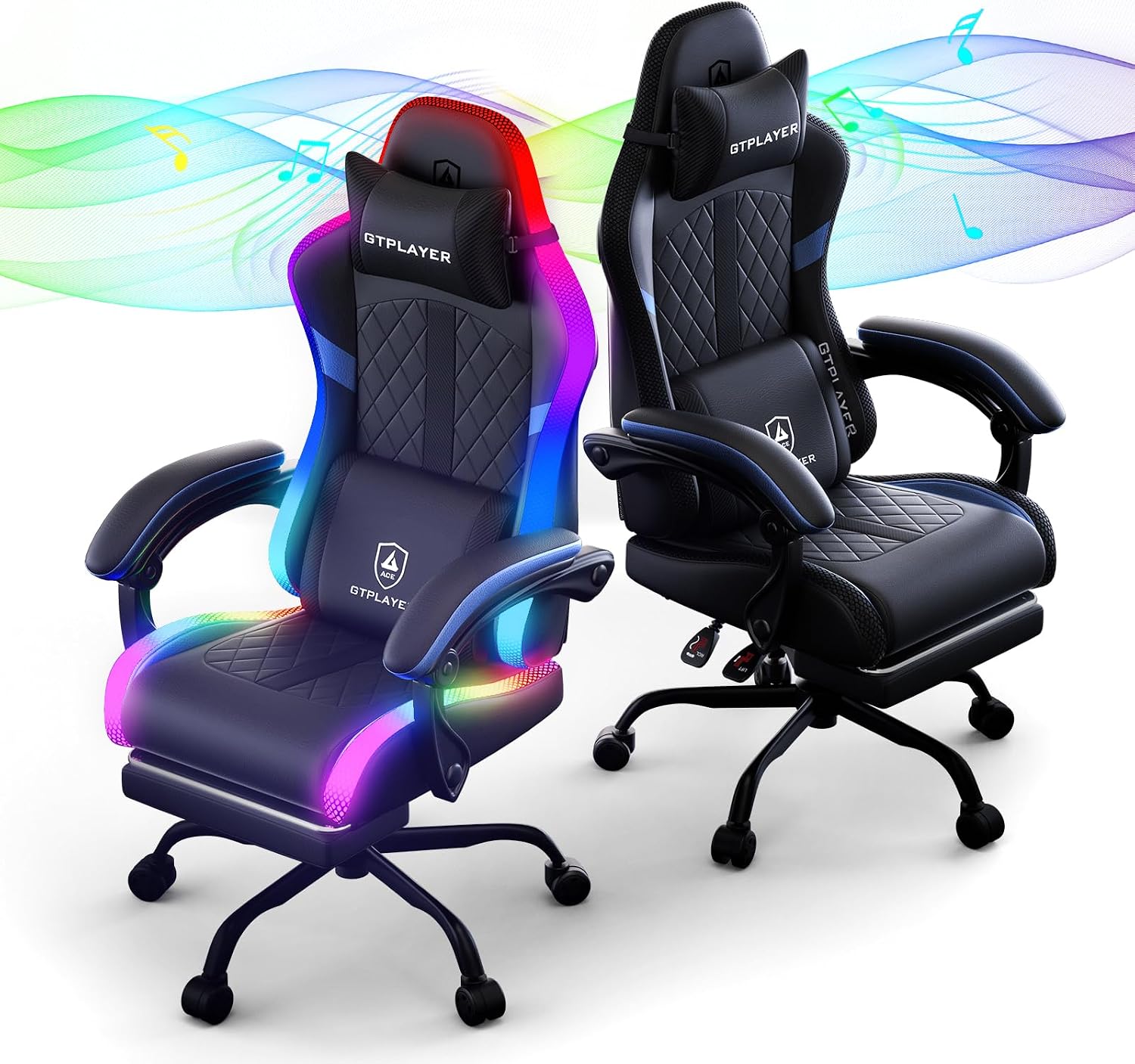GTPLAYER RGB Gaming Chair with Speakers - LED Computer Game Chair for Adults, PC Home Office Chairs with Footrest & Lights, Reclining Desk Chairs, Blue