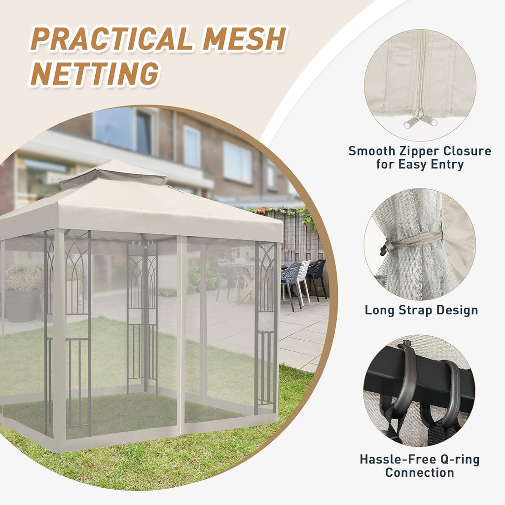 8x8 Outdoor Gazebo Tent with Netting and Corner Shelves, Double Roof Patio Gazebo with Soft Fabric Top, Outdoor Pavilion for Backyard Patio Garden Lawn, Beige