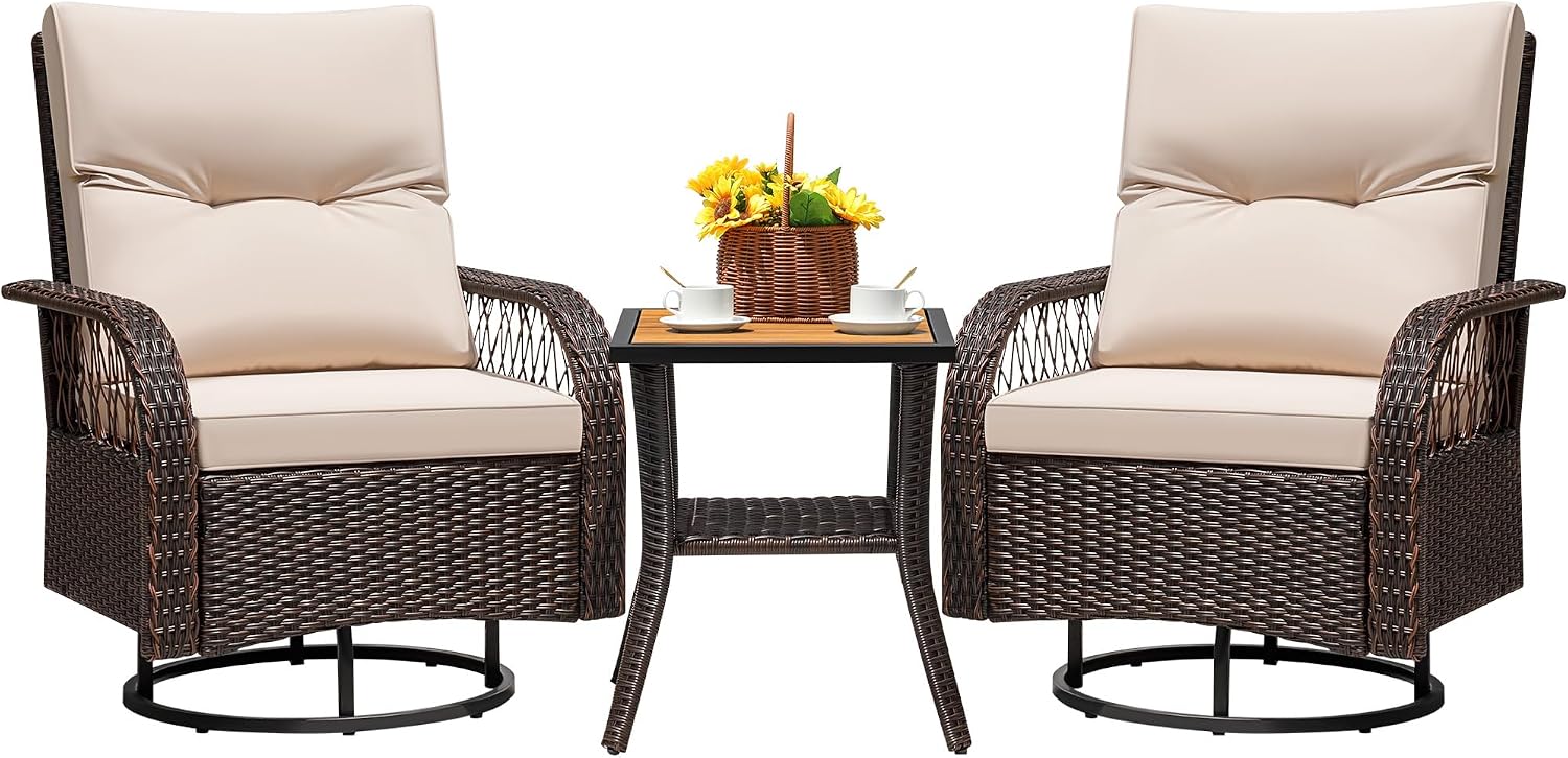 Greesum 3-Piece Outdoor Swivel Rocker, Luxury Wicker Patio Furniture Set with Rattan Side Table&Thick Detachable Cushions for Deck Lawn Poolside Brown/Beige
