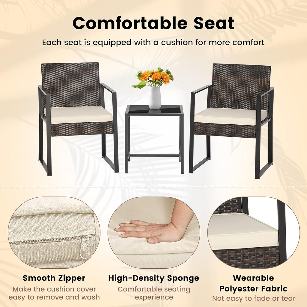 Tangkula 3 Piece Patio Furniture Set, Modern Heavy Duty All Weather Cushioned Wicker Chairs and Coffee Table Set, Suitable for Front Porch, Backyard, Garden, Poolside and Deck (Mix Brown)