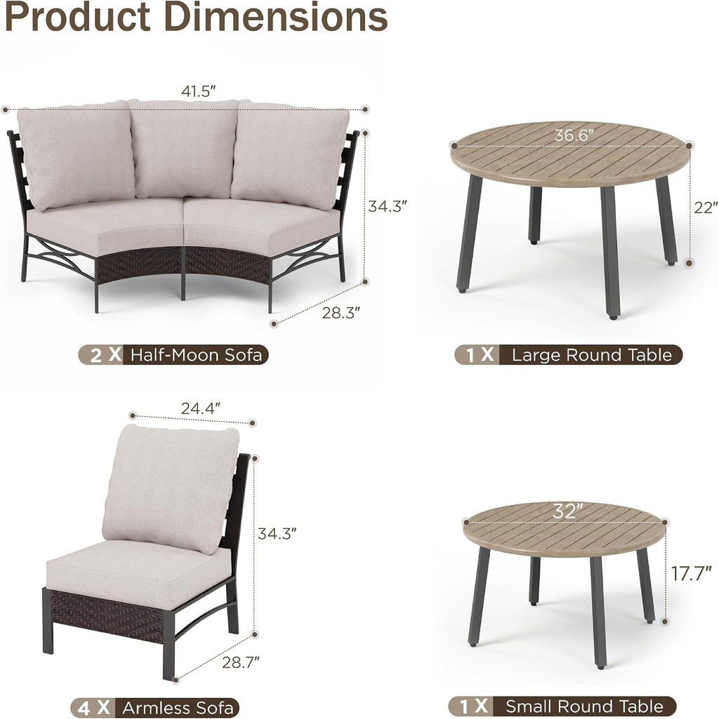 PHI VILLA Outdoor Patio Furniture Set 10 Piece, Half-Moon Sectional Patio Conversation Sets for 8 Persons with 2 Round Table for Garden, Poolside, Balcony, Backyard