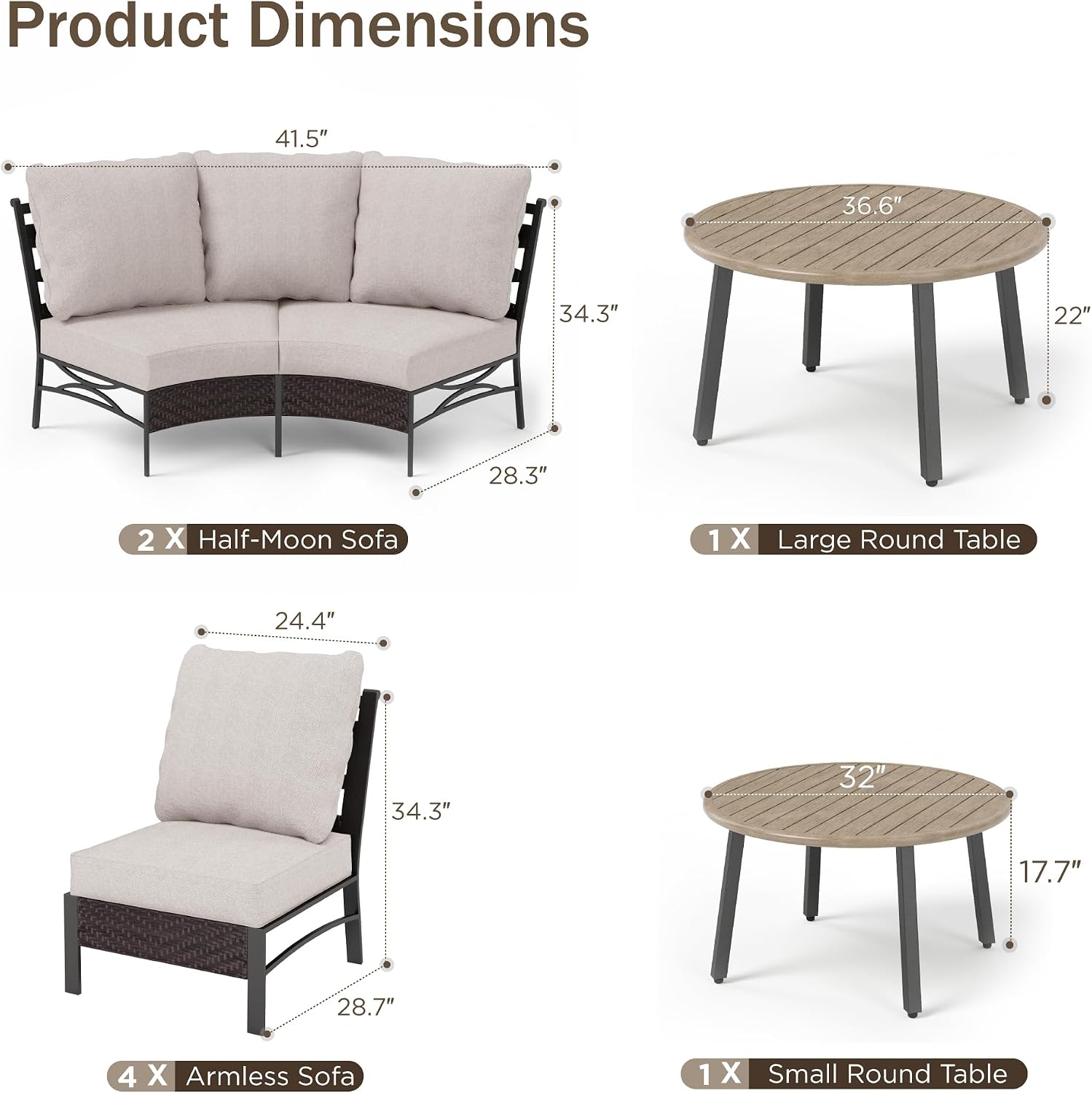 PHI VILLA Outdoor Patio Furniture Set 10 Piece, Half-Moon Sectional Patio Conversation Sets for 8 Persons with 2 Round Table for Garden, Poolside, Balcony, Backyard