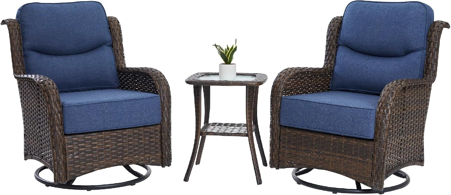HILLGA Luxury Outdoor Swivel Rocker Patio Chairs of 2 with 6 Inch Thick Cushions and Side Table, Swivel Outdoor Chairs 3PCS High Back Wicker Patio Furniture Set for Porch, Balcony, Deck in Blue