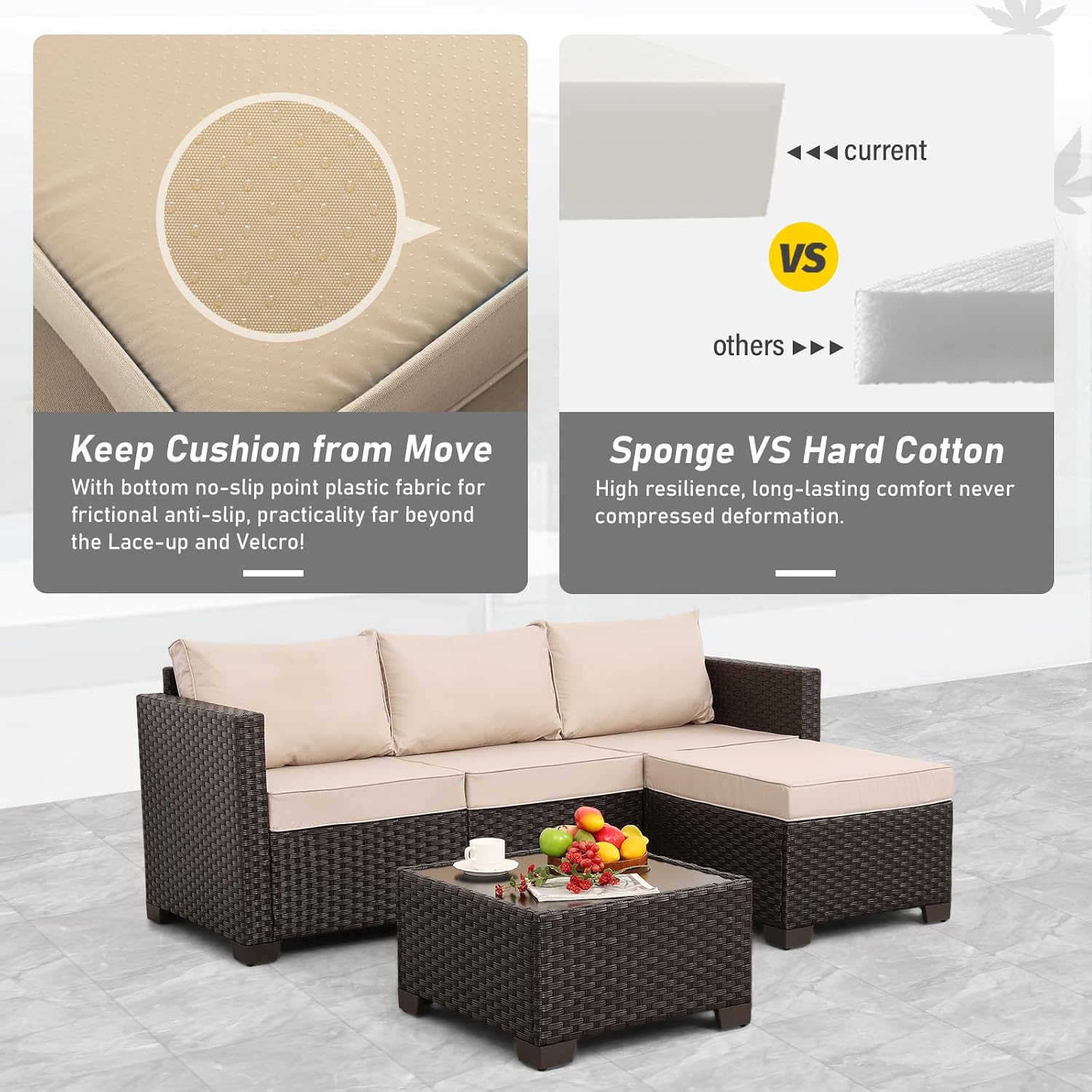 Rattan Star Patio Furniture Set 3 Piece Outdoor Sectional Sofa Set with Wicker Couch, Ottoman, Patio Table All-Weather Non-Slip Cushions and Waterproof Covers, Khaki