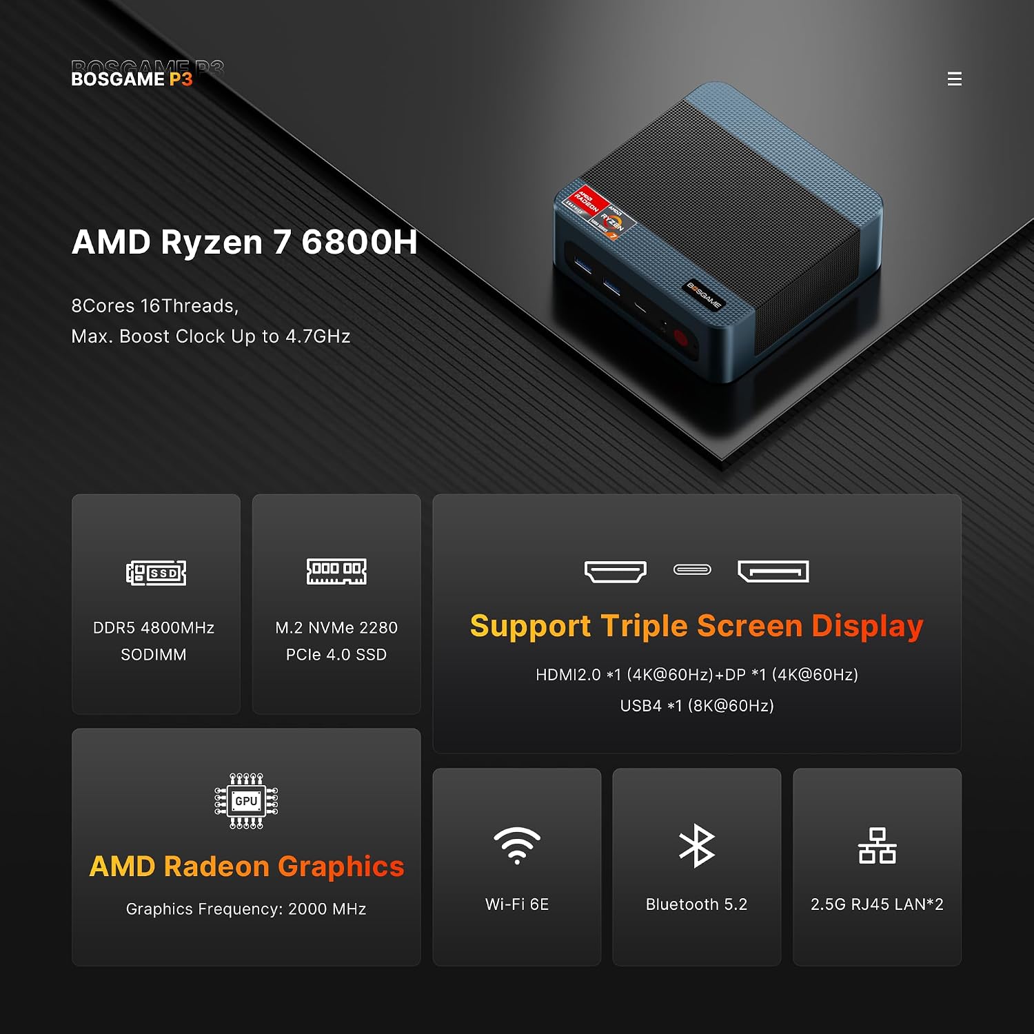 BOSGAME P3 Lite Mini Gaming PC - AMD Ryzen 7 6800H, 32GB DDR5 RAM, 1TB NVMe SSD, Triple Display, Dual 2.5G Ethernet, Wi-Fi 6E/BT 5.2, 11 Pro, Ultra-Compact Desktop Computer