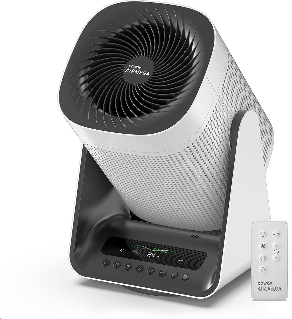 COWAY Air Purifier for Home Bedroom, 2-in-1 with Fan, Particulate Filter for Smoke, Allergies, Pet Dander, Odor, Air Quality Monitor, Auto Mode, Remote Control, Timer, 3-Year Warranty, Aim, White