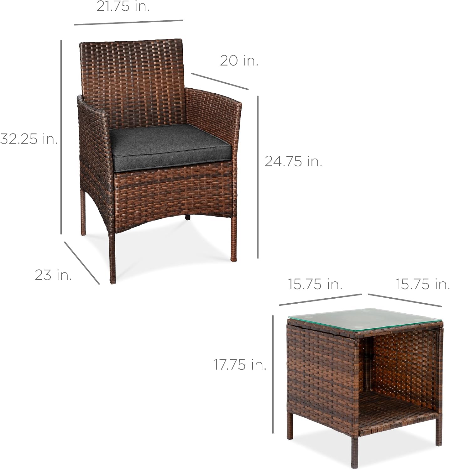 Best Choice Products 3-Piece Outdoor Wicker Conversation Bistro Set, Space Saving Patio Furniture for Garden w/Side Table - Brown/Stone Gray