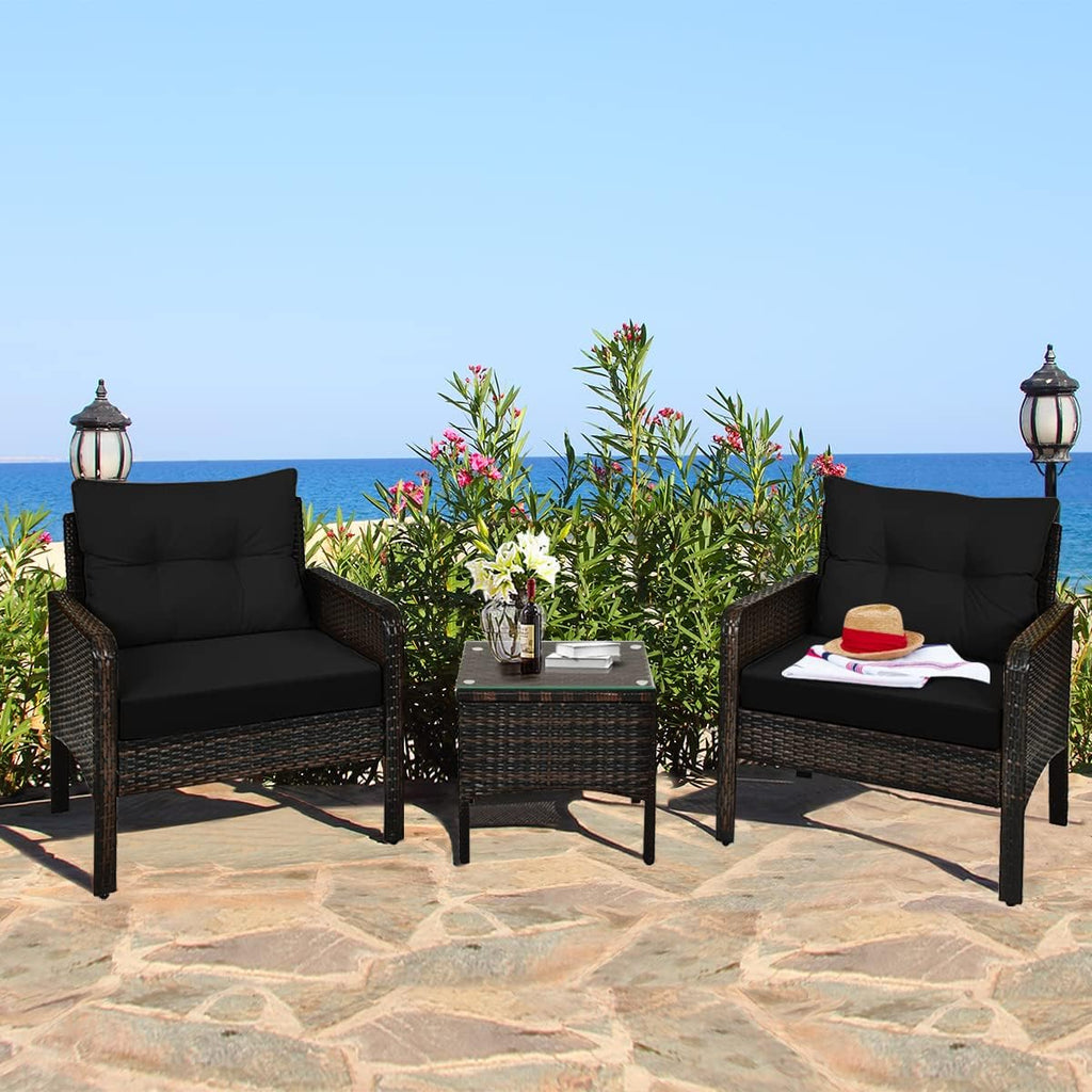HAPPYGRILL 3 Pieces Patio Conversation Set Outdoor Rattan Wicker Furniture Set with Coffee Table & Chairs Patio Bistro with Seat Cushions for Garden Balcony Backyard Poolside