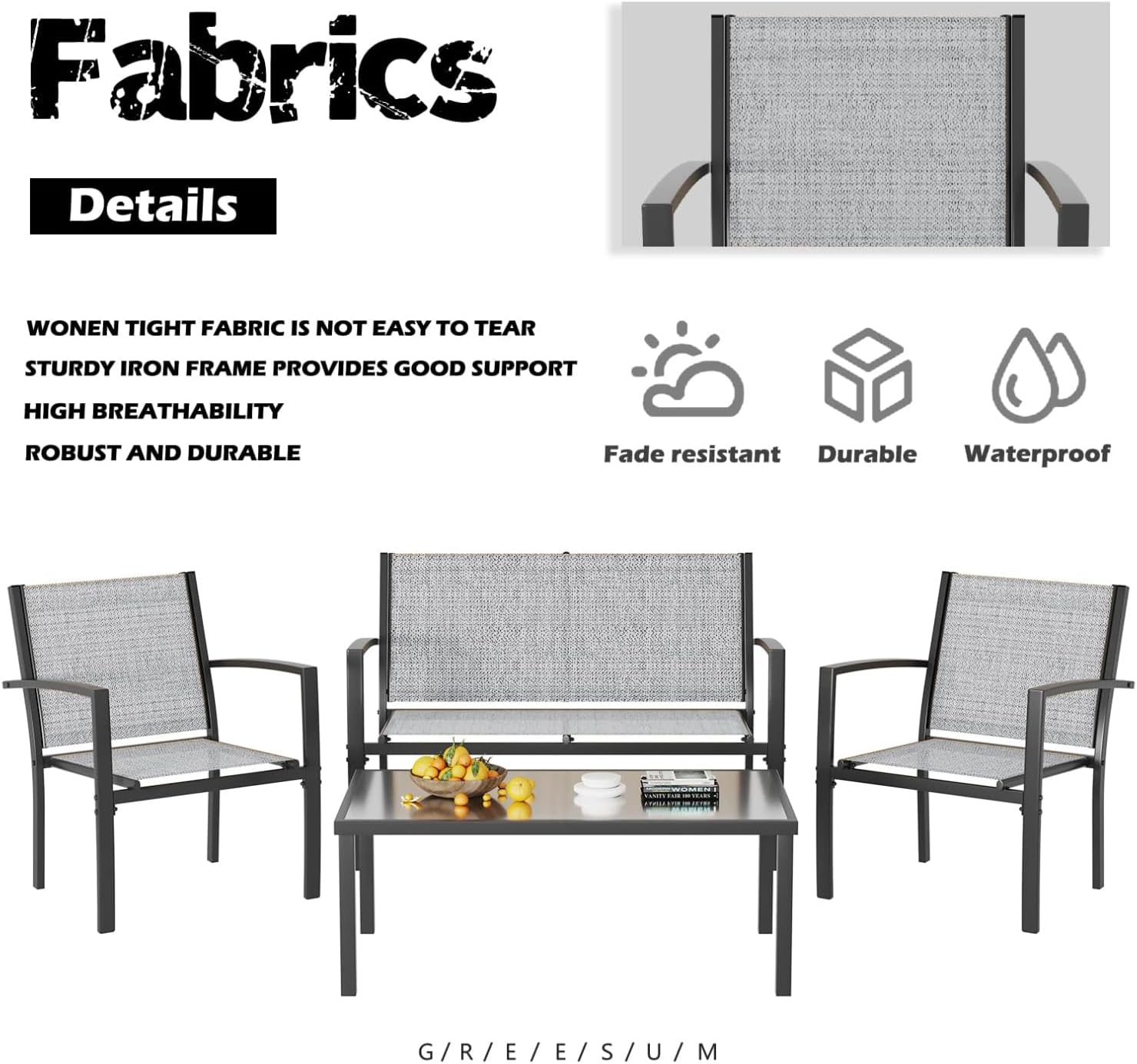 Greesum 4 Pieces Patio Furniture Set, Outdoor Conversation Sets for Patio, Lawn, Garden, Poolside with A Glass Coffee Table, Gray