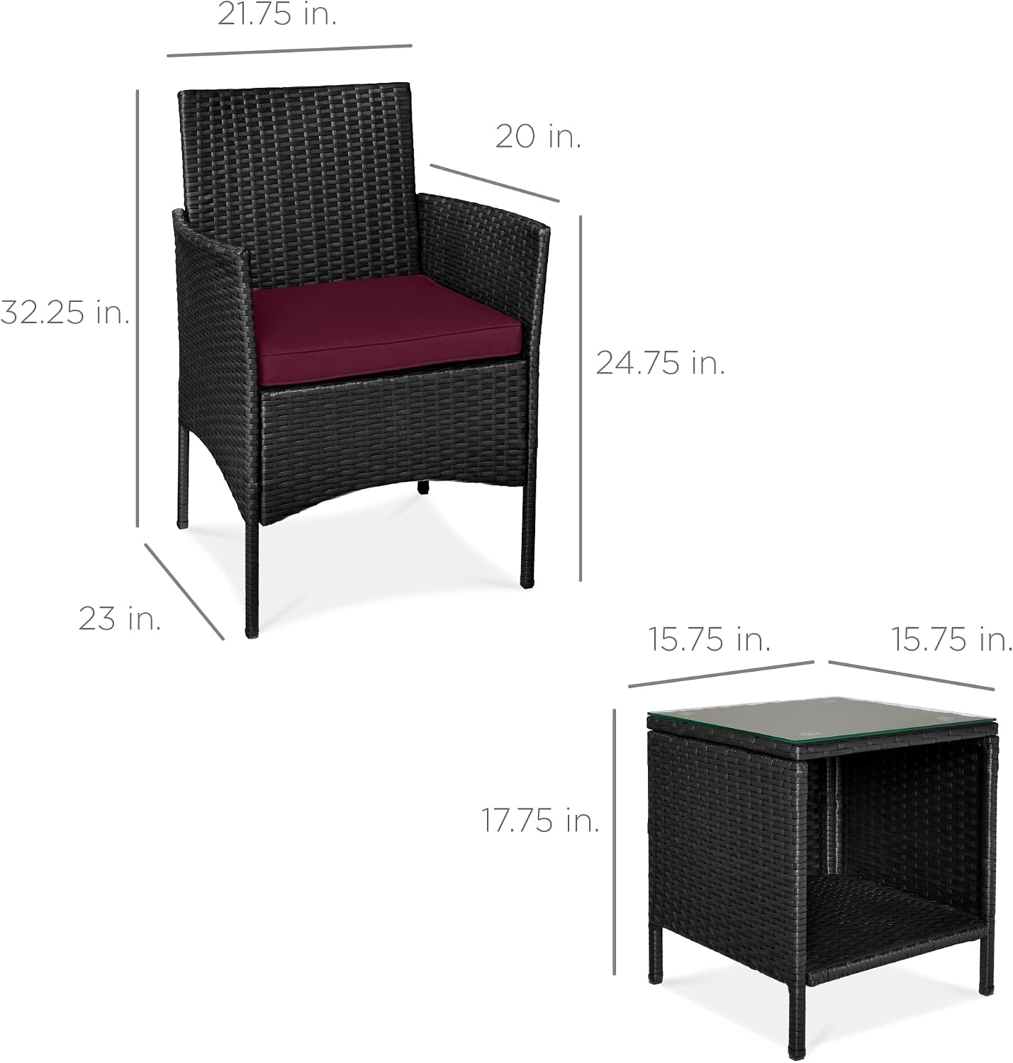 Best Choice Products 3-Piece Outdoor Wicker Conversation Bistro Set, Space Saving Patio Furniture for Garden w/Side Table - Black/Deep Burgundy