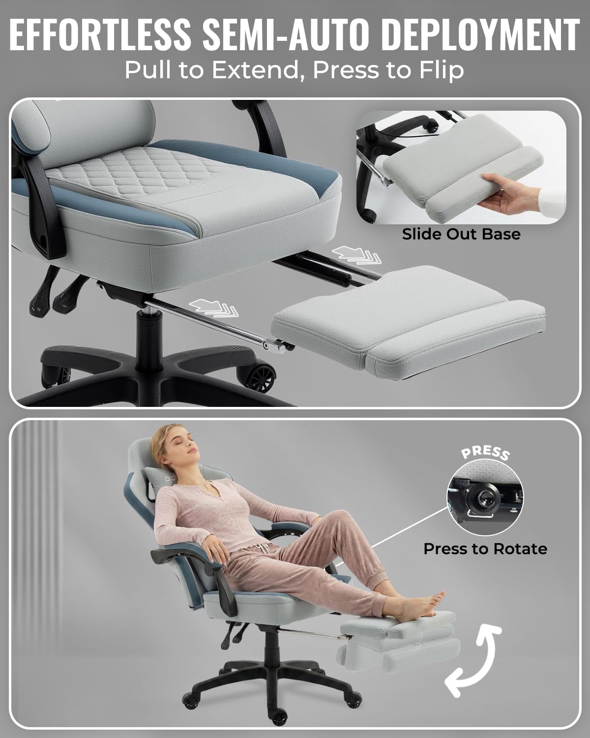 Dowinx Gaming Chair Breathable Fabric Game Chair with Gel Pad and Storage Bag, Comfortable Gamer Chair with Pocket Spring Cushion, Ergonomic Computer Chair with Footrest, Grey and Blue