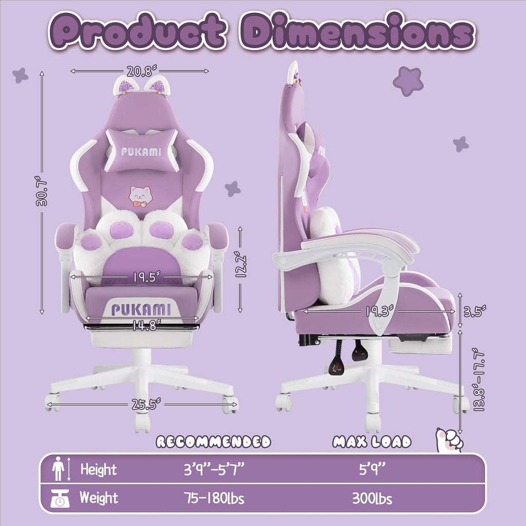 PUKAMI Gaming Chair with Cat Ears,Cute Computer Chair for Girl with Footrest,Ergonomic Gamer Chair, Kawaii Gaming Chair, Game Chair (Purple)