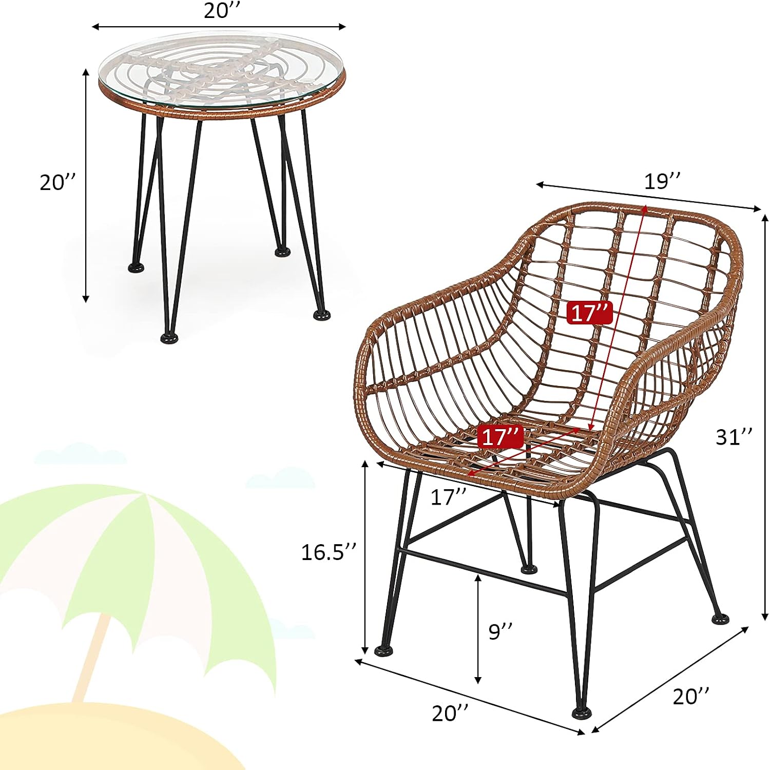 Tangkula 3 Pieces Patio Conversation Bistro Set, Outdoor Wicker Furniture w/Round Tempered Glass Top Table & 2 Rattan Armchairs, Bistro Chat Set w/Seat Cushions for Porch, Backyard, Garden