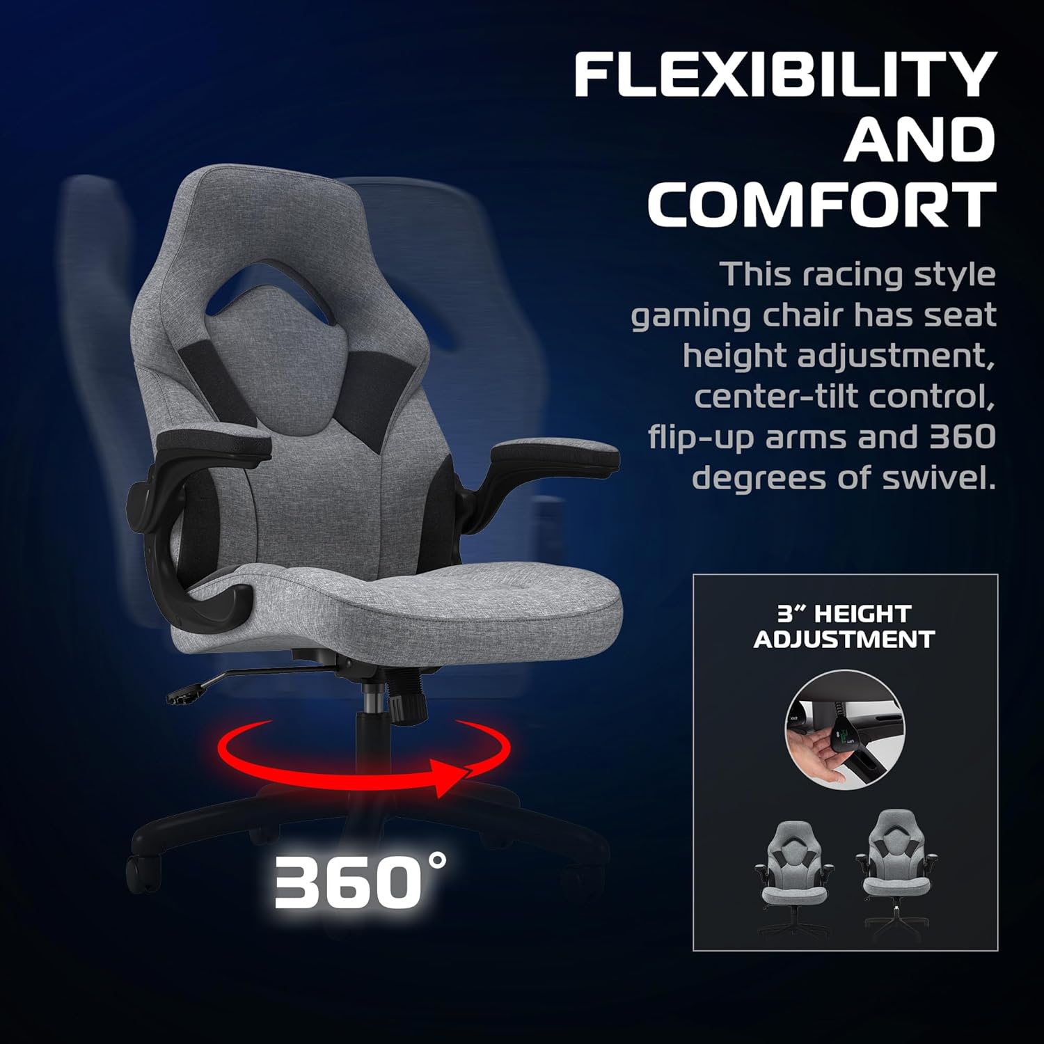 RESPAWN 3085 Ergonomic Gaming Chair for Adults, High Back Office Chair with Headrest and Flip Up Arms, Leather Racing Style Gaming Seat with Lumbar Support, Video Game Computer Desk Seat - Gray Fabric