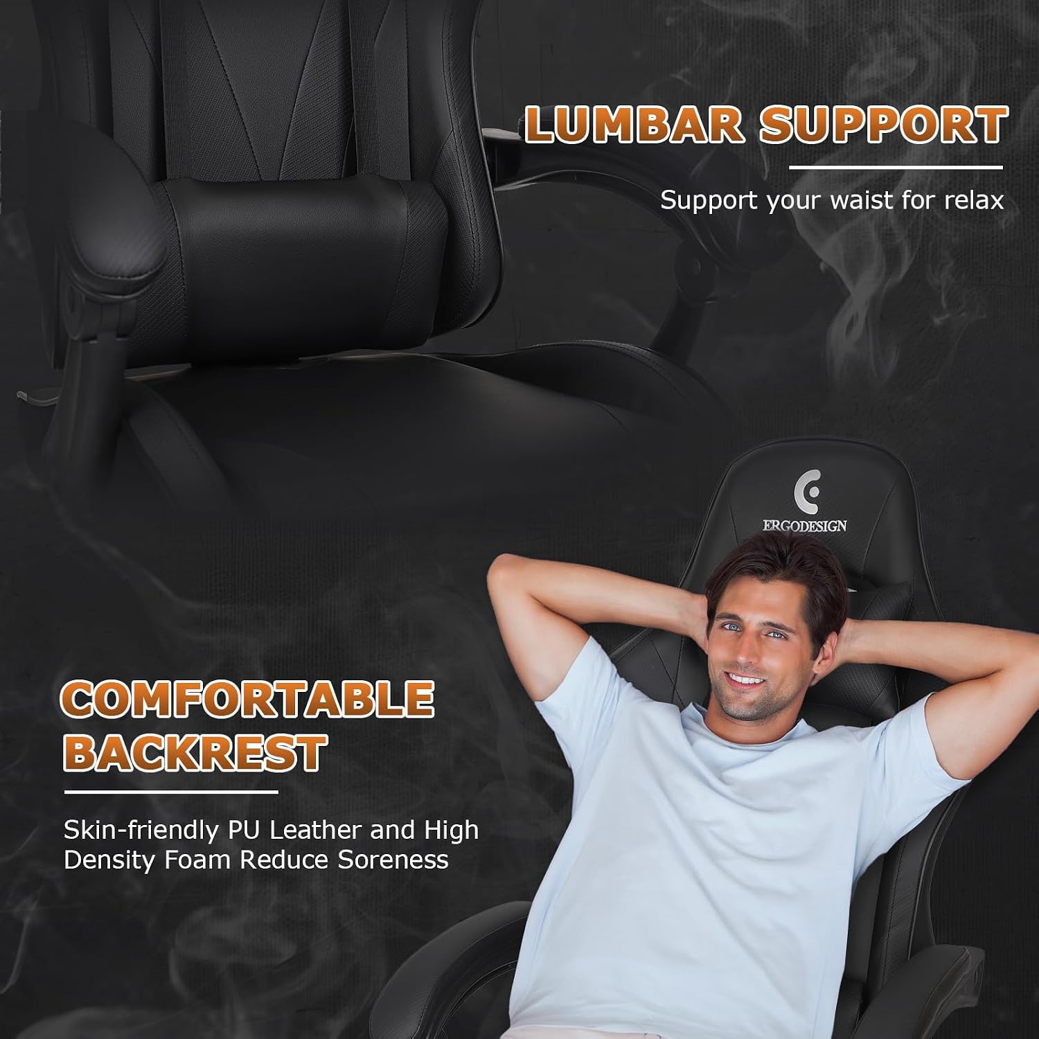 Gaming Chair with Linkage Armrest & Footrest, High Back Video Gaming Chair, Black