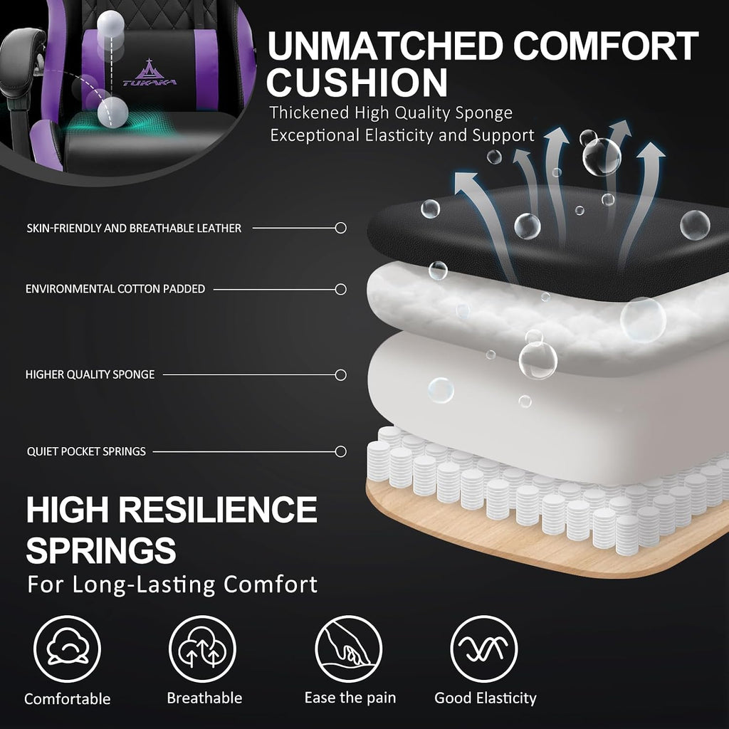 Gaming Chair,Ergonomic Massage Computer Office Desk Chair with Footrest,Pocket Spring Cushion,Reclining Leather Adjustable Gamer Chair with Headrest and Lumbar Support,Purple