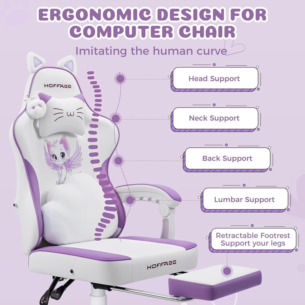 HOFFREE Gaming Chair for Girls with Cat Ears Massage Lumbar Computer Chair Game Chairs for Adults