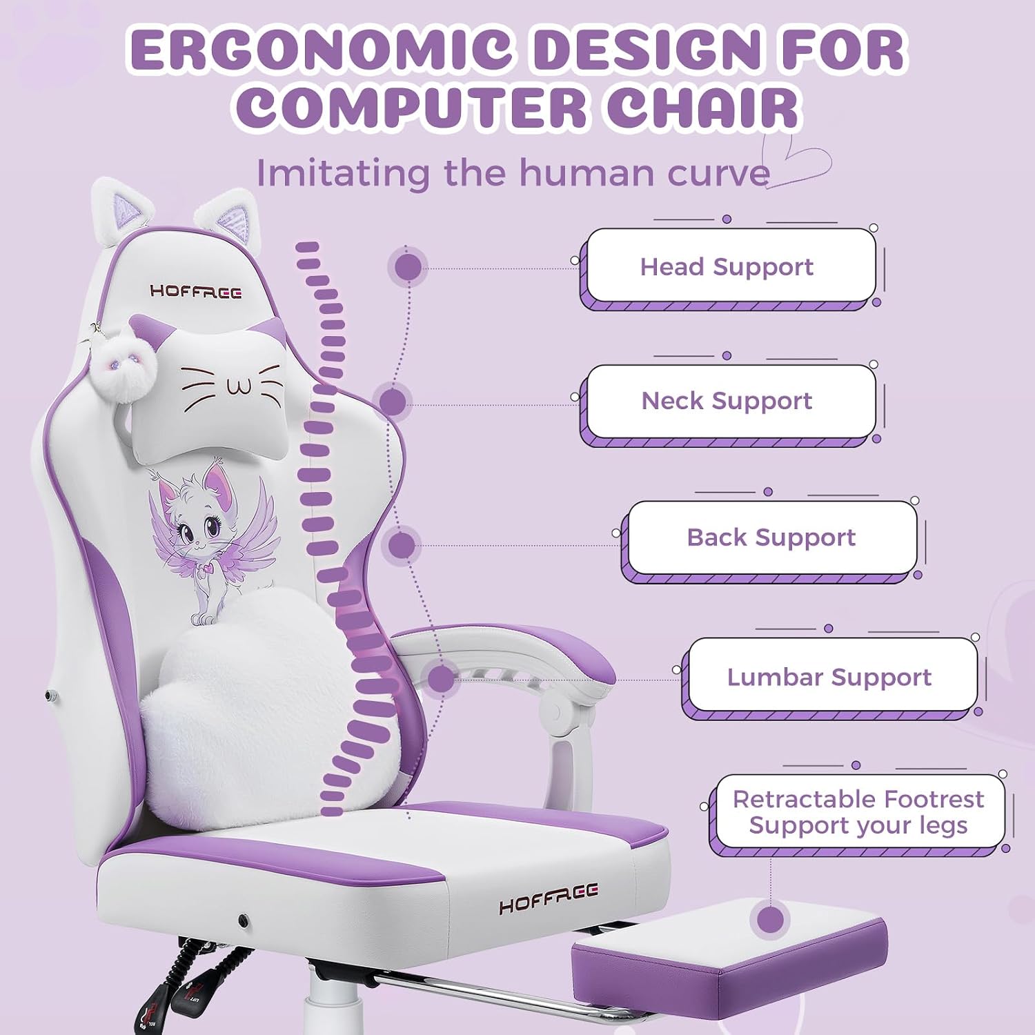 HOFFREE Gaming Chair for Girls with Cat Ears Massage Lumbar Computer Chair Game Chairs for Adults