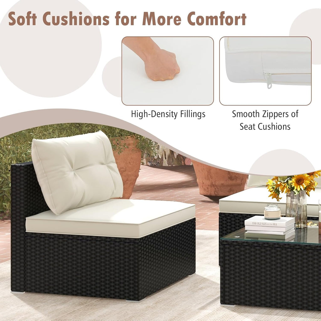 RELAX4LIFE 5-Piece Outdoor Patio Furniture Set, Rattan Sectional Sofa Set w/Glass-Top Coffee Table, Soft Seat & Back Cushions, Bistro Set for Garden Backyard Porch, Wicker Conversation Set (Off White)