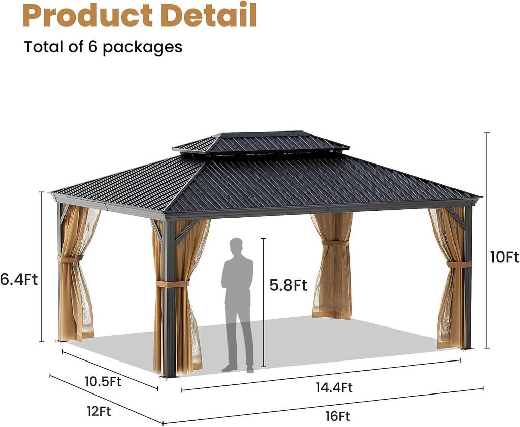 COSIEST 12X16 FT Hardtop Gazebo Rustproof Double Roof Metal Gazebo with Steel Columns & Netting Curtains Poolside,Deck,BBQ Area (Dark Gray)