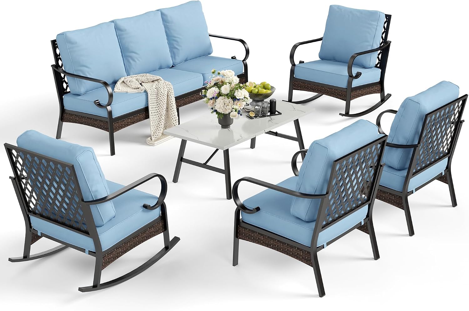 SUNSHINE VALLEY 6 Piece Metal Outdoor Patio Furniture Set, 1 3-Seater & 2 Fixed Sofa, 2 Rocking Sofa with 5.75' Thick Cushion & Coffee Table - Black & Blue