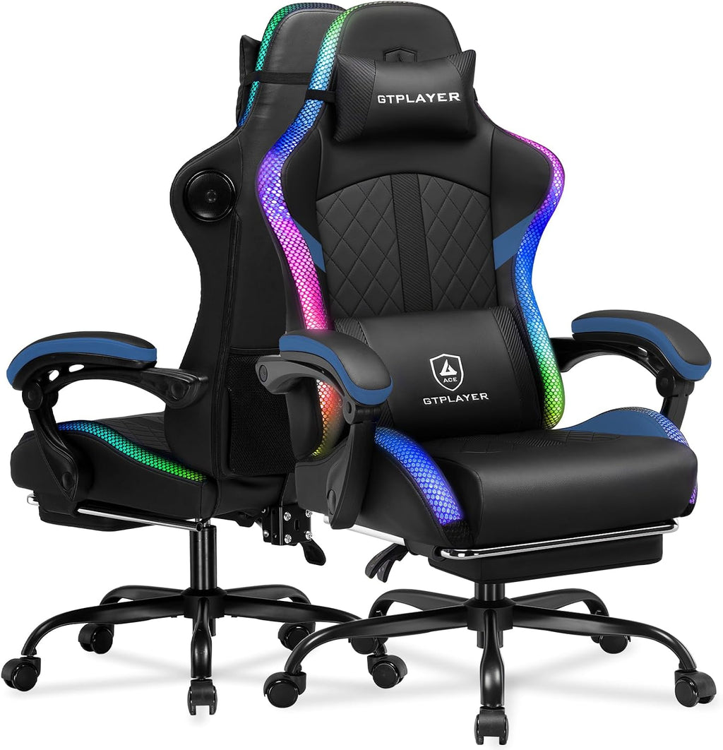 GTPLAYER RGB Gaming Chair with Speakers - LED Computer Game Chair for Adults, PC Home Office Chairs with Footrest & Lights, Reclining Desk Chairs, Dark Blue