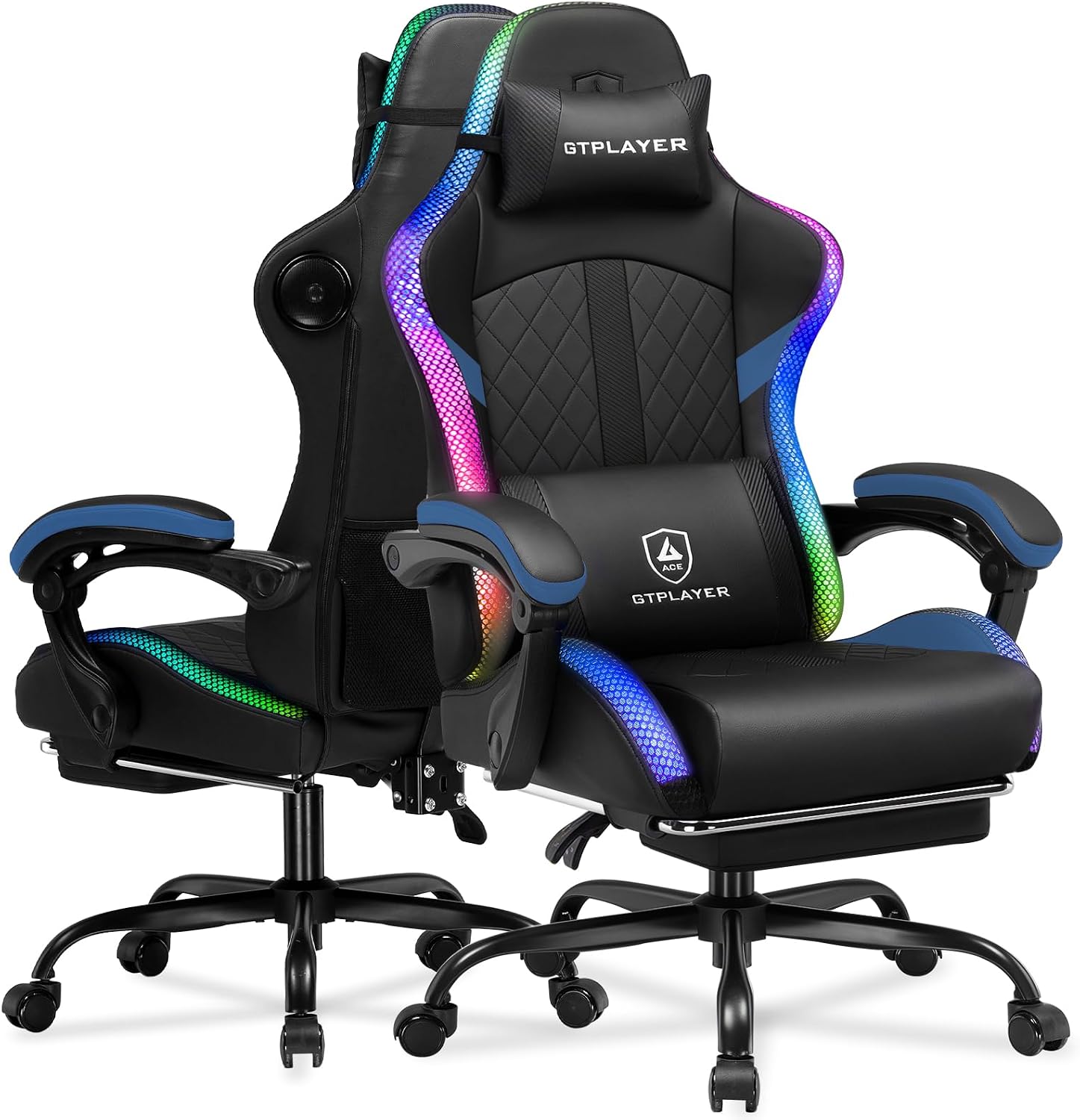 GTPLAYER RGB Gaming Chair with Speakers - LED Computer Game Chair for Adults, PC Home Office Chairs with Footrest & Lights, Reclining Desk Chairs, Dark Blue