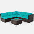 COSTWAY 6-Piece Outdoor Patio Furniture Set, Rattan Sectional Sofa Set with Tempered Glass Coffee Table and Cushions for Garden, Deck, Backyard (Turquoise)