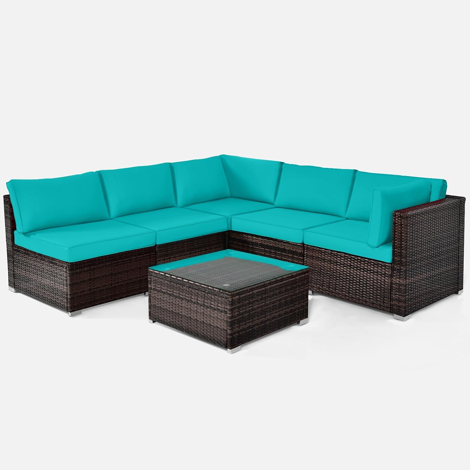 COSTWAY 6-Piece Outdoor Patio Furniture Set, Rattan Sectional Sofa Set with Tempered Glass Coffee Table and Cushions for Garden, Deck, Backyard (Turquoise)