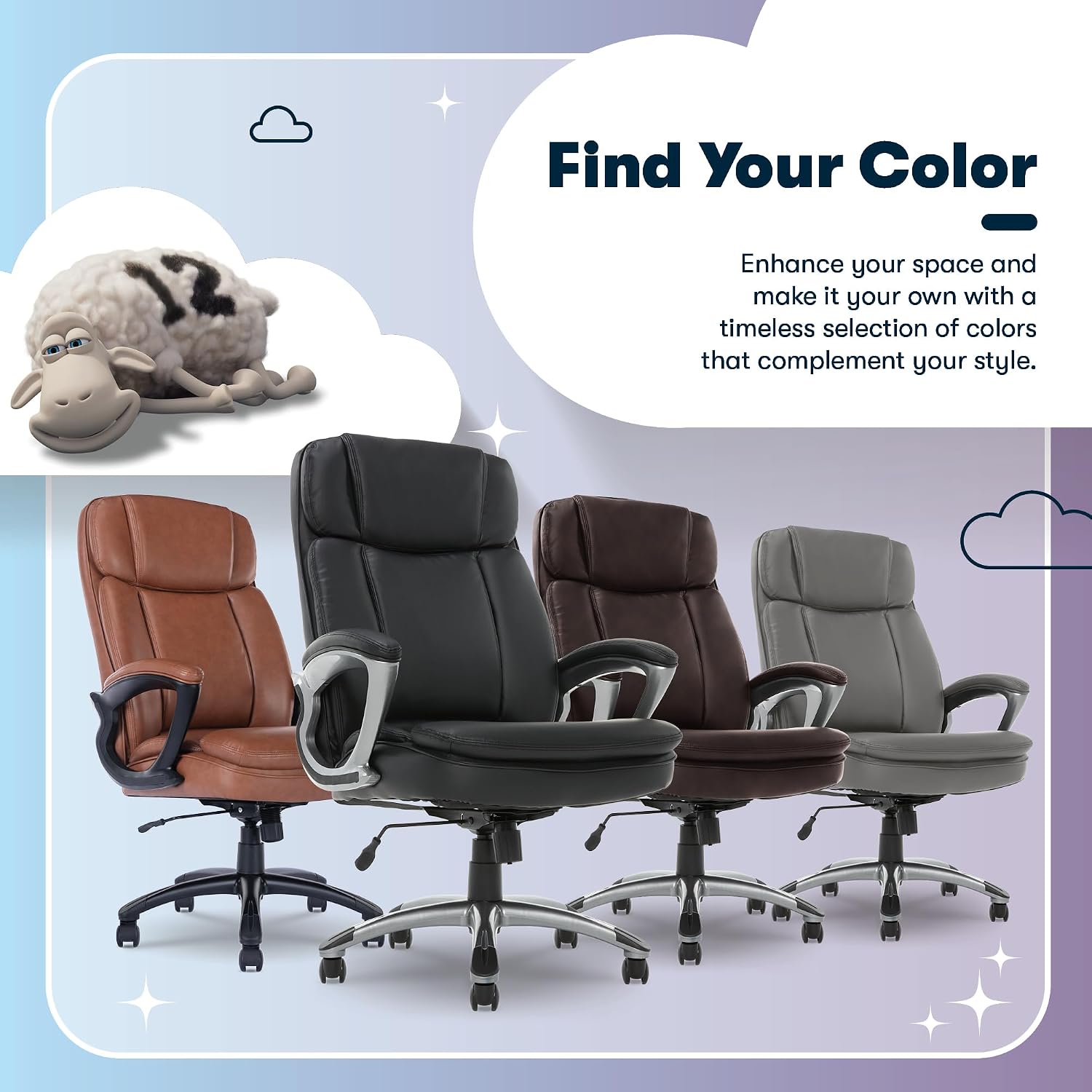 Serta Fairbanks Big and Tall Executive Office Chair - Ergonomic High Back Computer Desk Chair with Lumbar Support, Memory Foam Seat Cushion, Padded Armrests, Bonded Leather, 350 lb Capacity - Black