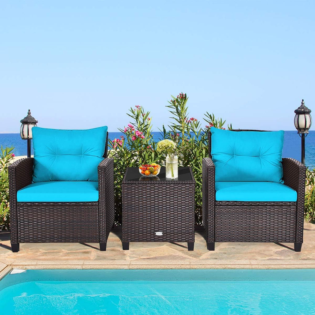 RELAX4LIFE 3 Piece Patio Furniture Set, Wicker Bistro Conversation Set w/ 2 Cushioned Armchairs & Glass Topped Table, Outdoor Rattan Sofa for Porch Balcony Poolside (Turquoise)