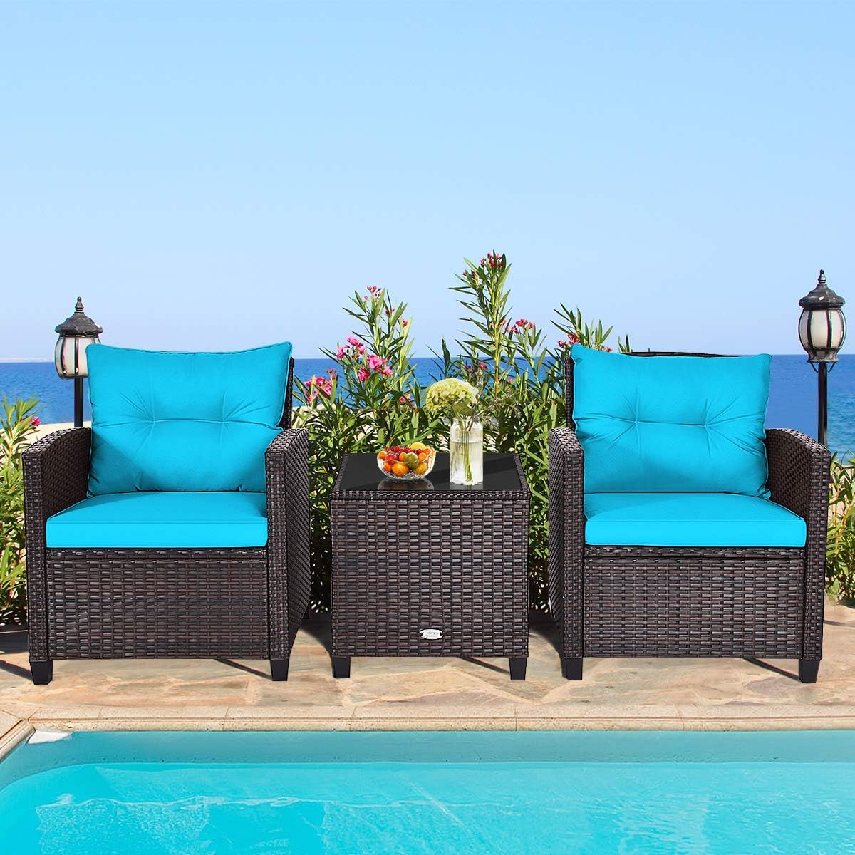 RELAX4LIFE 3 Piece Patio Furniture Set, Wicker Bistro Conversation Set w/ 2 Cushioned Armchairs & Glass Topped Table, Outdoor Rattan Sofa for Porch Balcony Poolside (Turquoise)