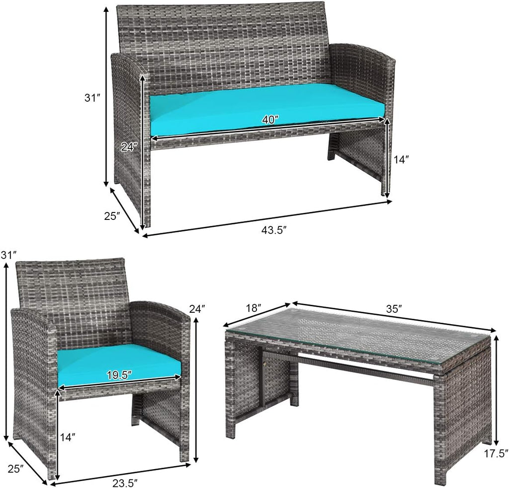 COSTWAY Patio Furniture Set 4 Pieces, Outdoor Wicker Chairs Sofa w/Coffee Table and Soft Cushions, Rattan Conversation Sets for Patio Lawn Backyard Yard Pool Garden, Turquoise