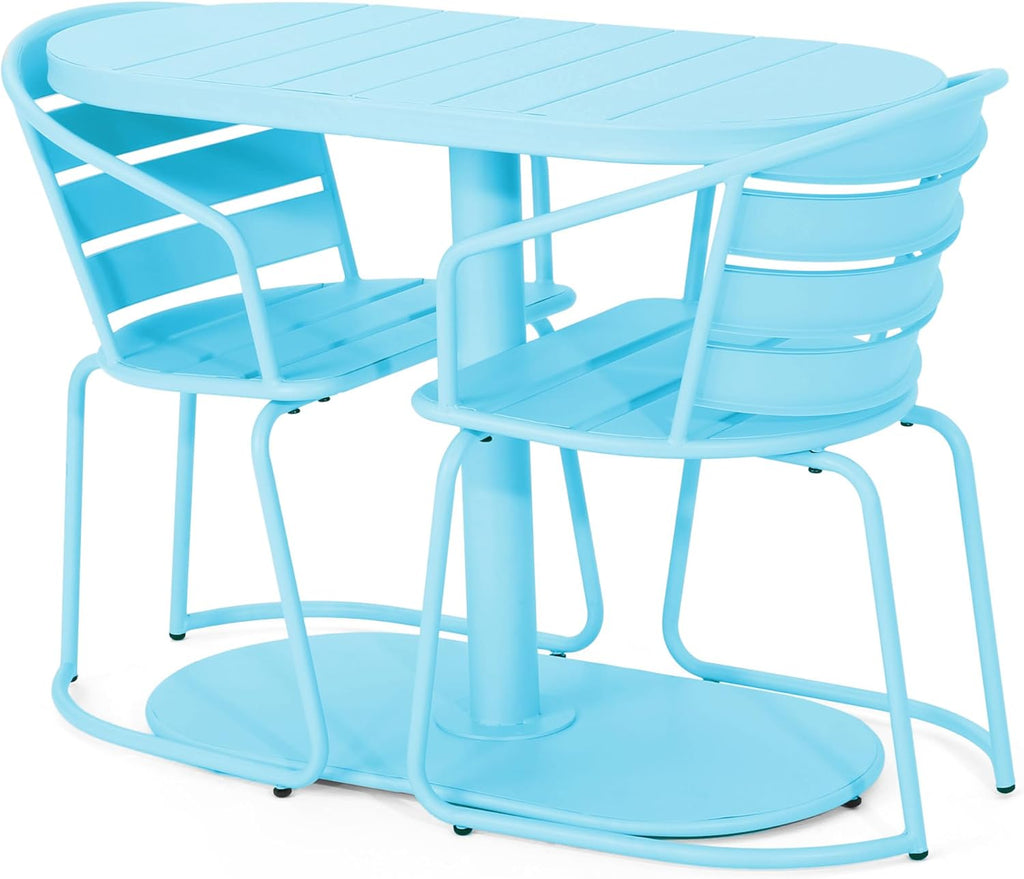 Christopher Knight Home Adley Outdoor Bistro Set, 3-Piece Bistro Table and Chair Set of 2, Patio Furniture Set with Iron Frame, Outdoor Bistro Dining Set, Poolside/Garden Cafeteria, Matte Light Blue