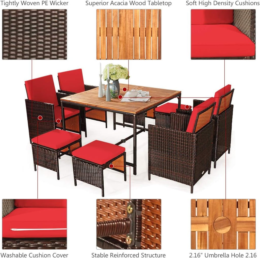 Tangkula 9 Pieces Acacia Wood Patio Dining Set, Space Saving Wicker Chairs and Wood Table with Umbrella Hole Outdoor Furniture Set, Suitable for Garden, Yard, Poolside, Outdoor Seating Set
