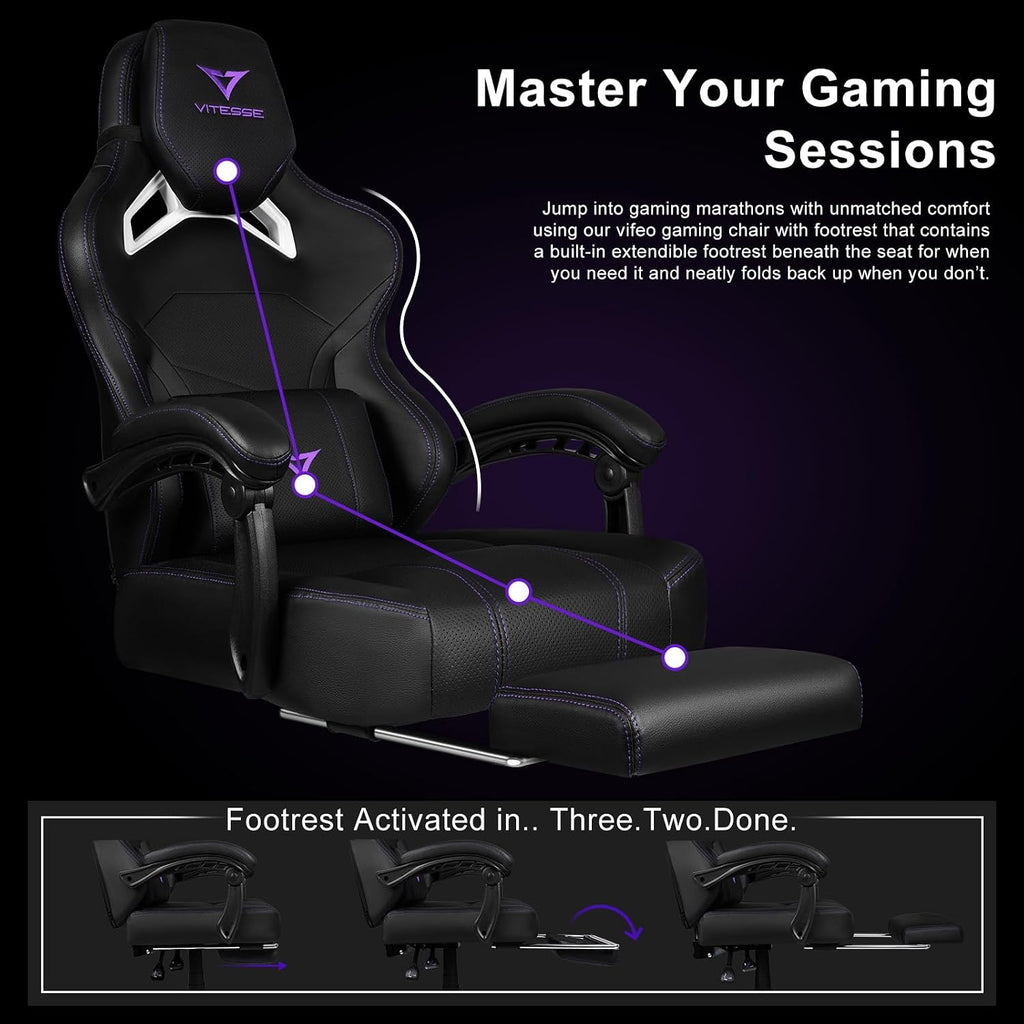 VITESSE Big and Tall Gaming Chair 400lb Weight Capacity with Footrest, Ergonomic Video Game Chair for Adults with Oversized Headrest and Lumbar Pillow, Computer Chair Gaming for Office (Black+Purple)