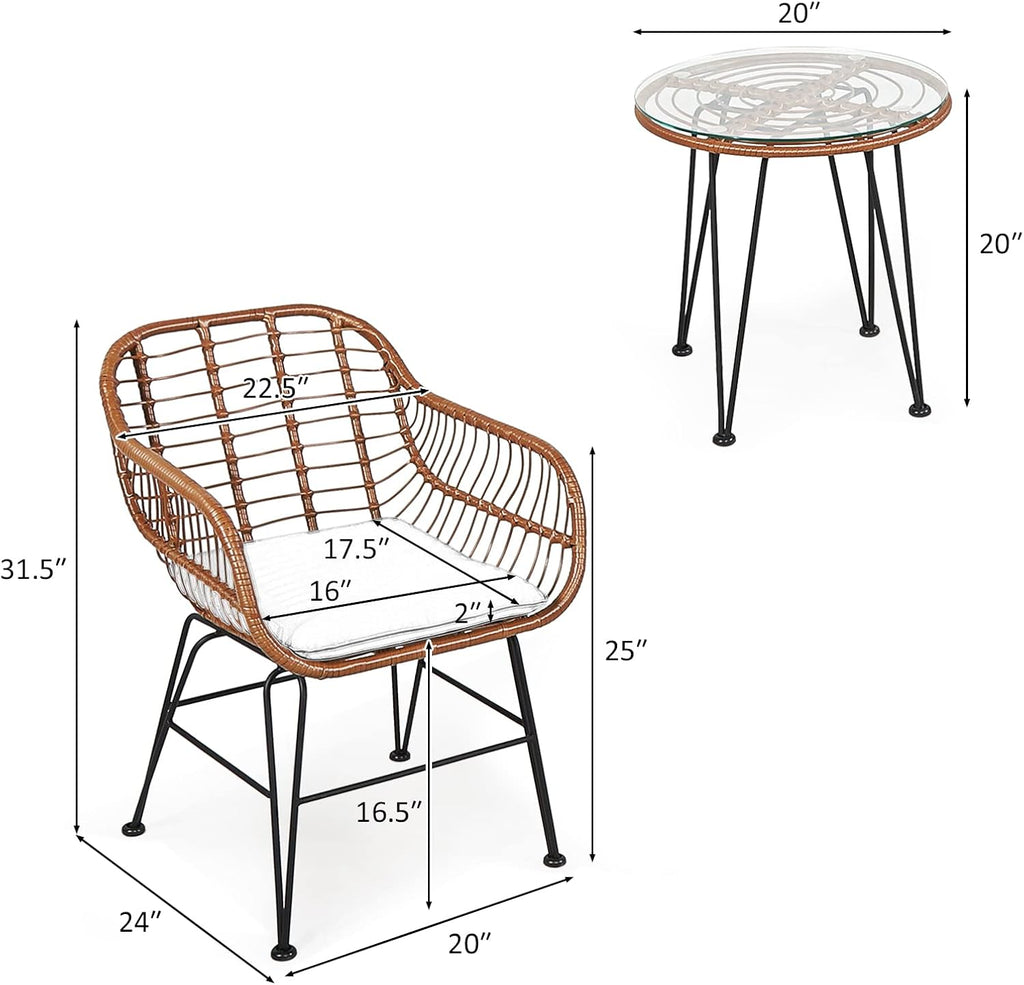 Tangkula 3 Pieces Patio Conversation Bistro Set, Outdoor Wicker Furniture w/Round Tempered Glass Top Table & 2 Rattan Armchairs, Bistro Chat Set w/Seat Cushions for Porch, Backyard, Garden