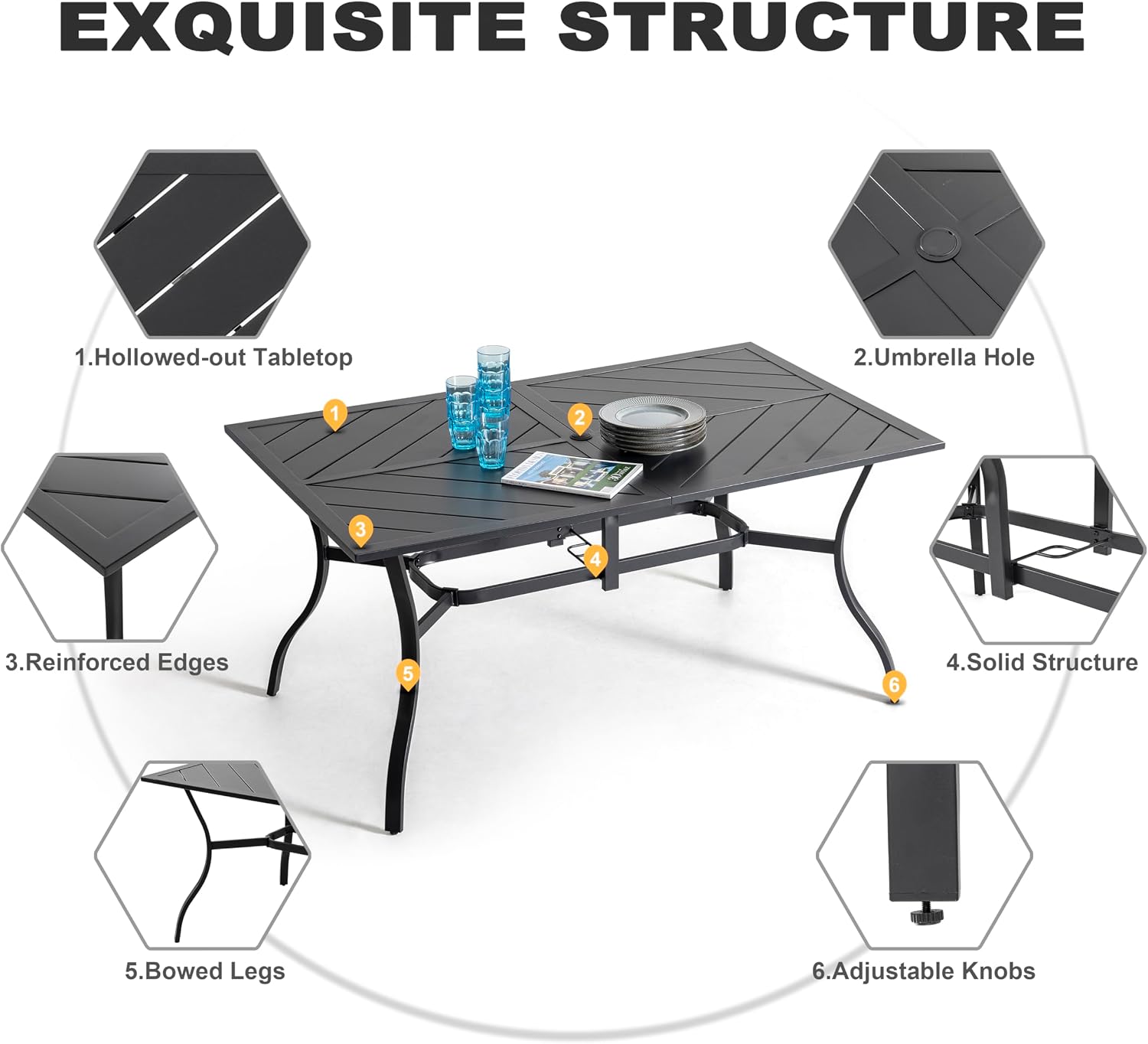 NUU GARDEN 7-Piece Outdoor Dining Set, Outdoor Table and Chair Set with Umbrella Hole, Breathable Textilene Dining Table Set, All Weather Outdoor Table and Chairs for 6, Swivel Design, Blue