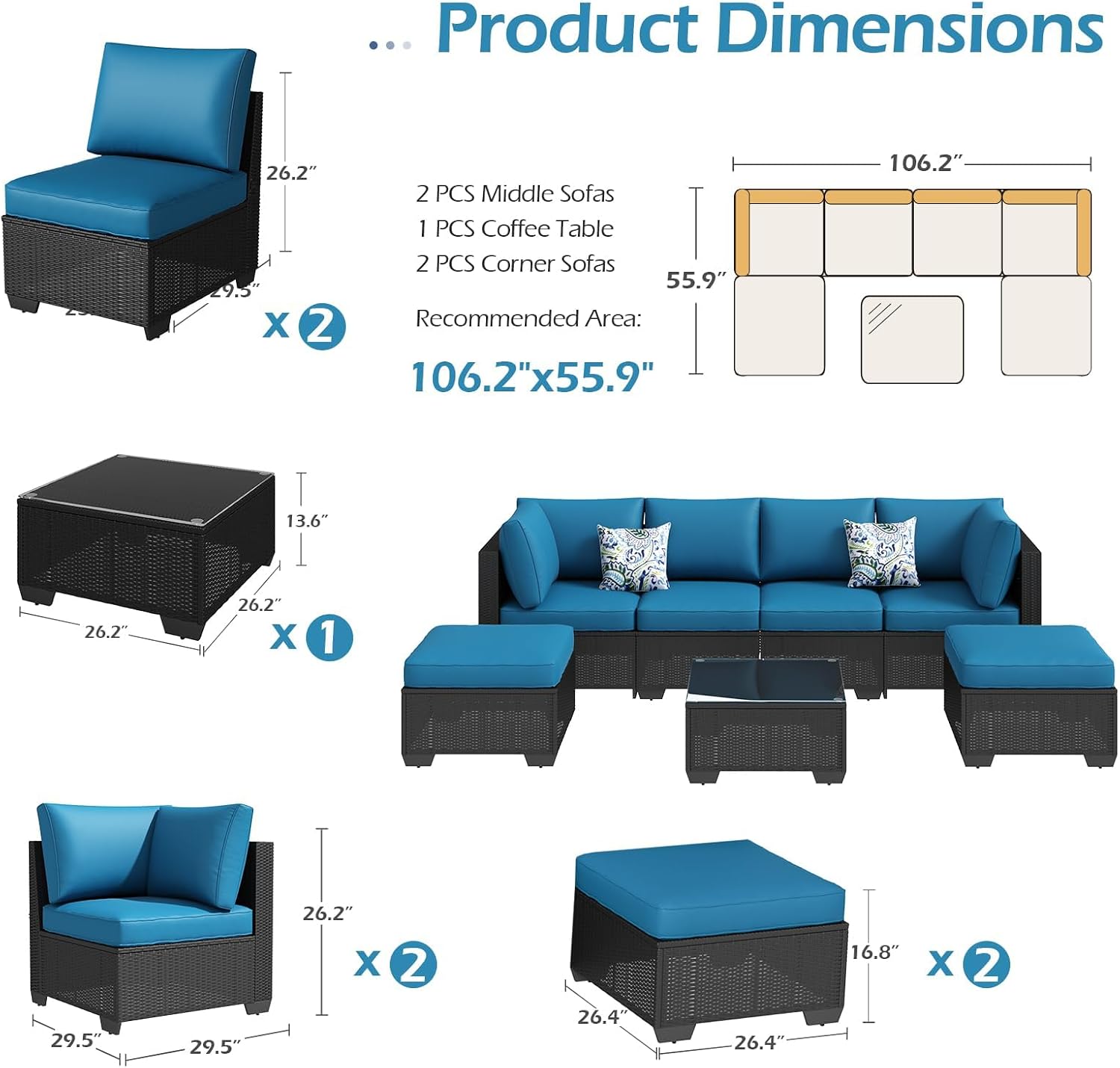 U-MAX 8 Piece Outdoor Patio Furniture Set, PE Rattan Outdoor Wicker Sectional Furniture Chair Set with Cushions and Tea Table, Black Rattan and Peacock Blue Cushion (with Cover)