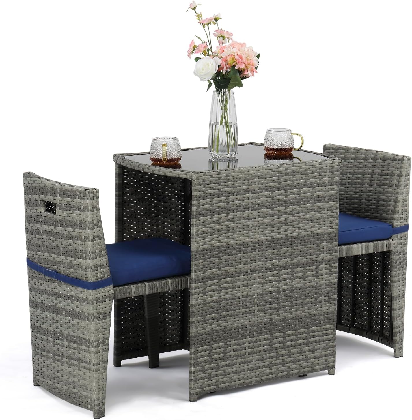 Bonnlo 3 PCS Wicker Outdoor Patio Bistro Set, Patio Furniture Set for Small Space with Glass Top Table Dining Chairs, Balcony Furniture Patio Table and Chairs Set of 2 for Garden Yard Porch (Grey)