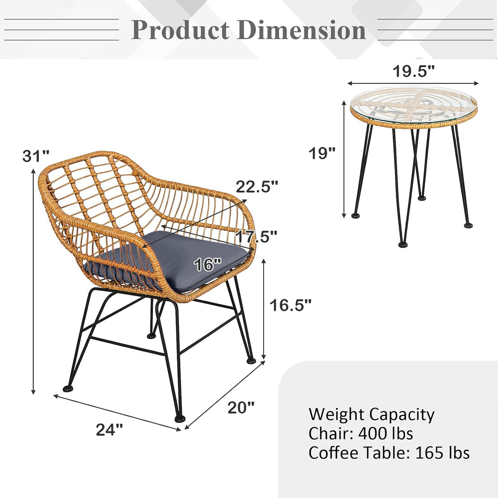 Tangkula 3 Pieces Patio Bistro Set, Rattan Conversation Set with 2 Cushioned Armchairs & Round Glass Coffee Table, Indoor Outdoor Wicker Furniture Set for Balcony, Backyard, Garden, Poolside
