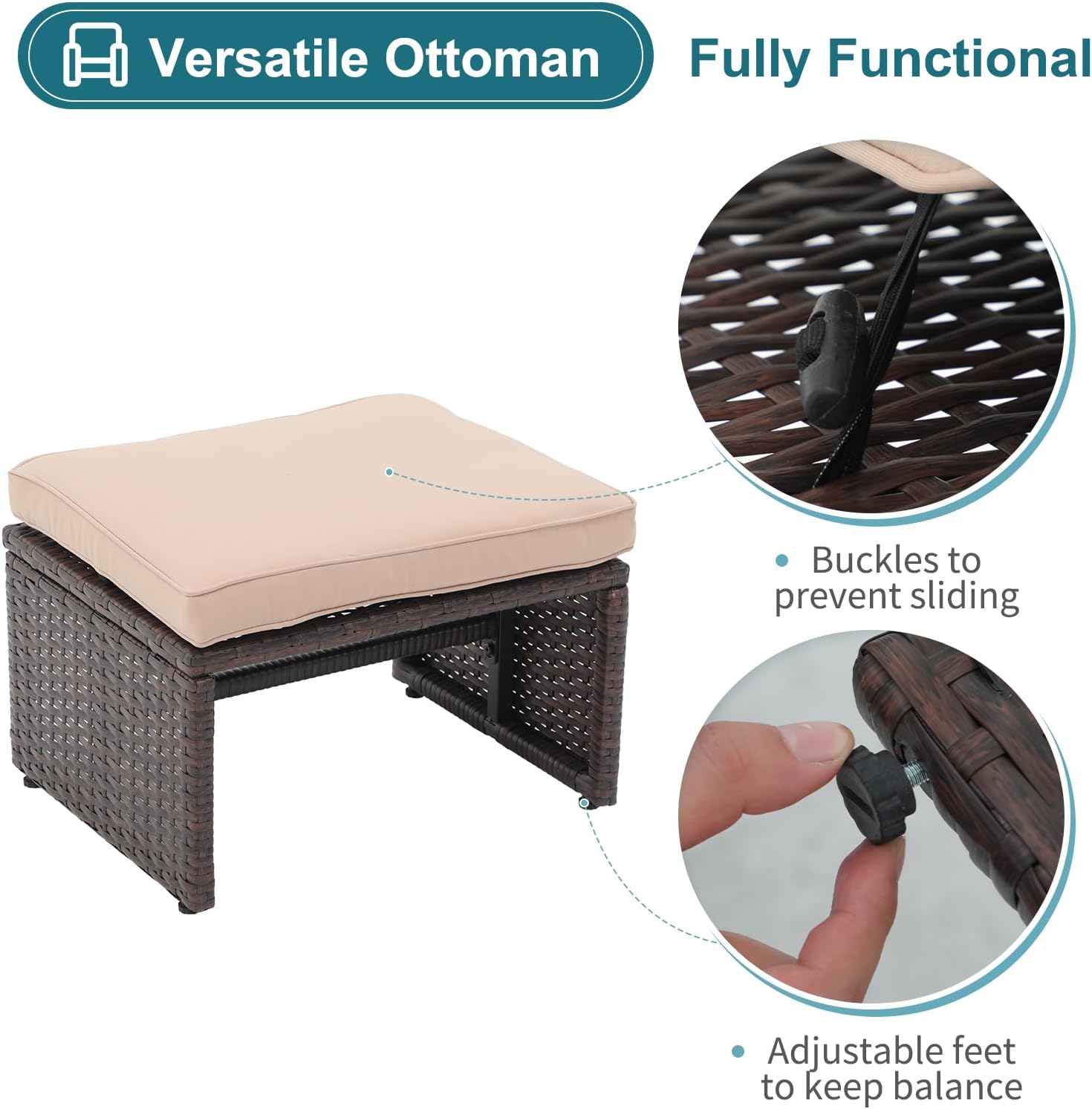 OC Orange-Casual Outdoor Loveseat 3 Piece Patio Furniture Set Outdoor Conversation Set All-Weather Wicker Love Seat with Ottoman/Side Table, Brown Rattan, Beige