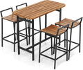 Tangkula 5 Piece Acacia Wood Bar Table Set, Outdoor Bar Height Table & Chairs with Metal Frame & Footrest, Patio Bar Table Set for 4, Patio Furniture Bistro Set for Deck, Garden & Poolside