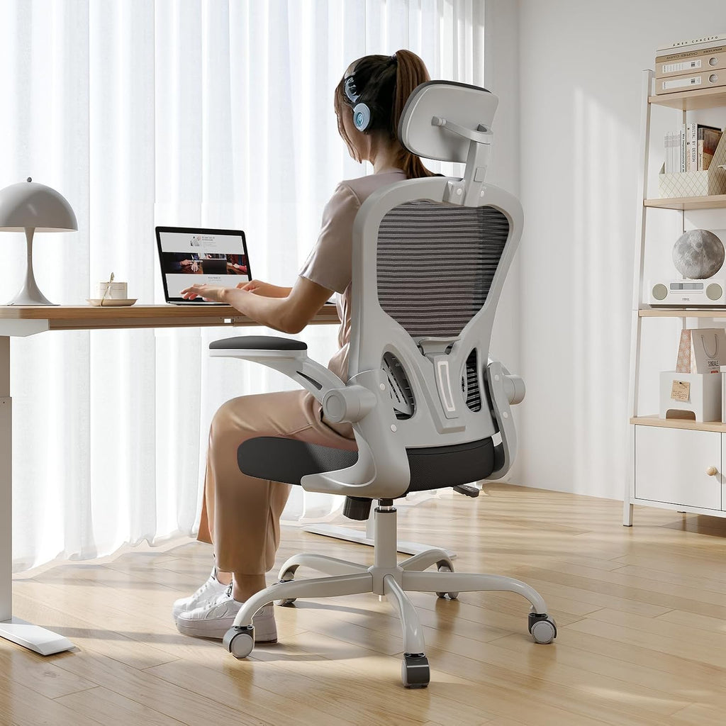 Office Chair Ergonomic Desk Chair, 330LBS Capacity, High Back Computer Design for Long Hours Comfort, Rolling Swivel for Home Office, Flip-up Armrests, Grey Black