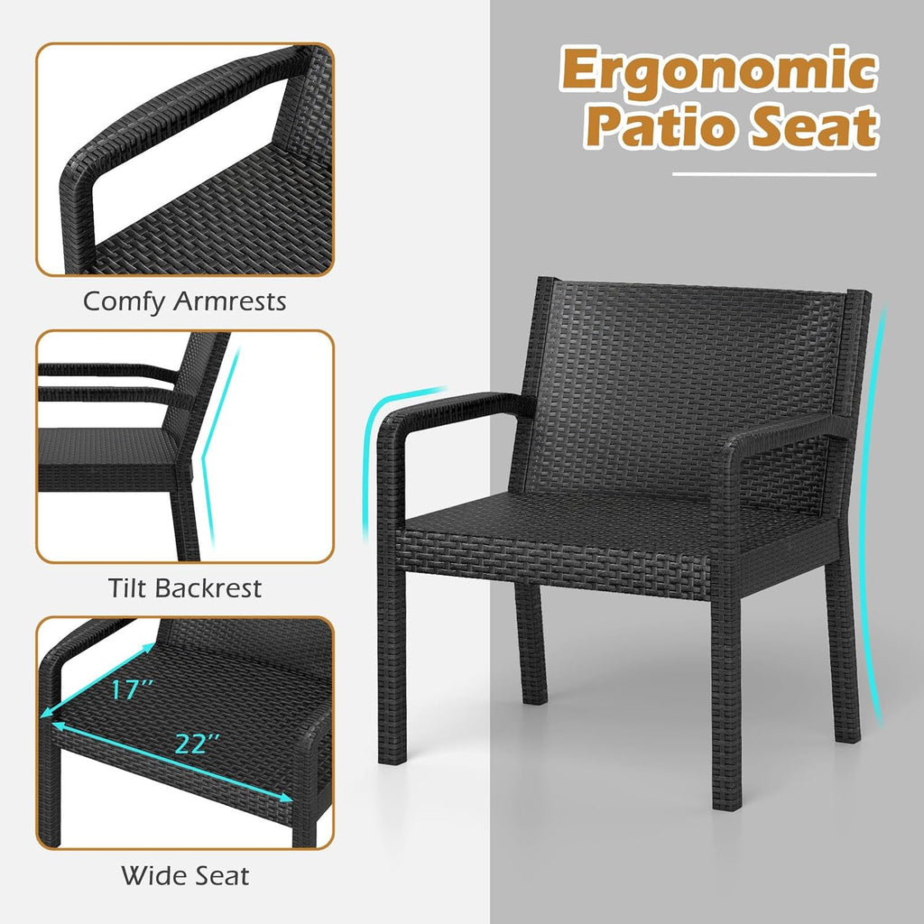 COSTWAY 3 Piece Patio Furniture Set, Outdoor PP Rattan Wicker Furniture Set with 2 Modern Rattan Armchair and 25' Squire Side Table for Patio, Garden, Poolside, Bistro, Black