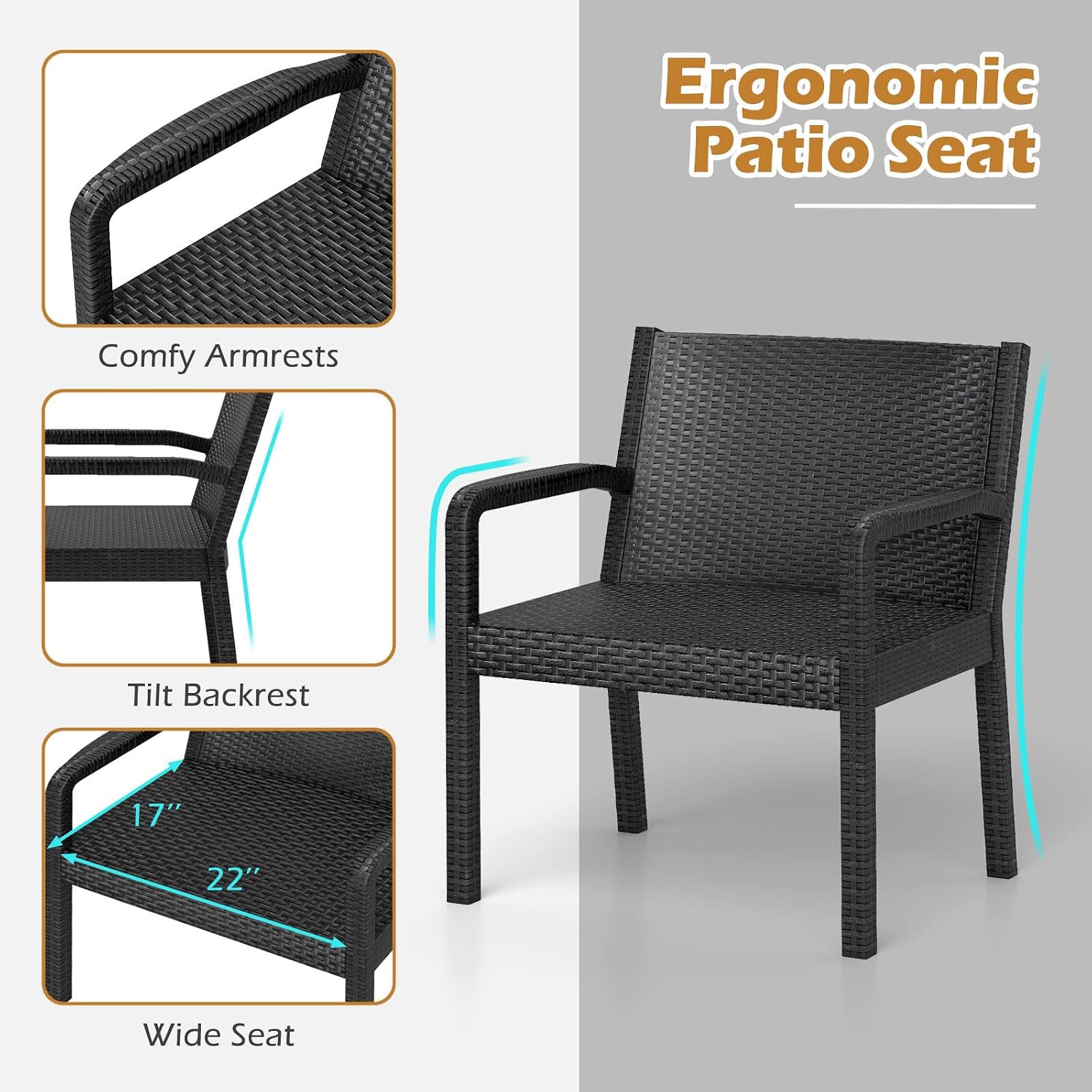 COSTWAY 3 Piece Patio Furniture Set, Outdoor PP Rattan Wicker Furniture Set with 2 Modern Rattan Armchair and 25' Squire Side Table for Patio, Garden, Poolside, Bistro, Black
