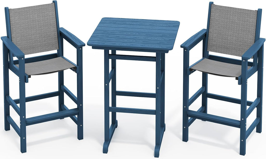 SERWALL 3 Pieces Textilene Adirondack Bar Set, Tall Adirondack Bar Height Chairs with Bar Table, Sling Balcony Adirondack Chairs, Weather Resistance Resin Outdoor Bar Height Stools, Blue
